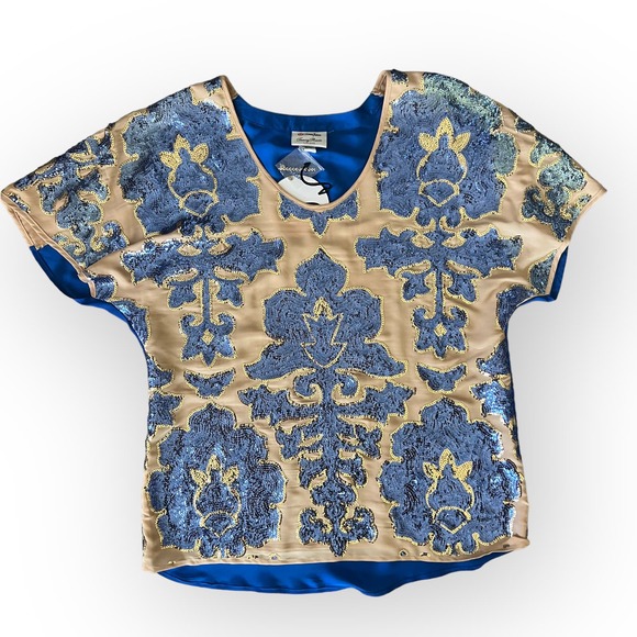 Tracy Reese Neiman Royal Gold Sequin Marcus Shirt Dolman Short Sleeve Size S NWT - Picture 5 of 12